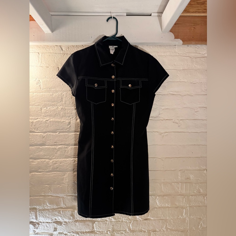 90s Vintage Black Button-Front Short Sleeve Dress with Contrast Stitching